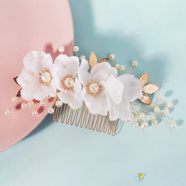Peigne à Cheveux Doré à Fleurs Blanches