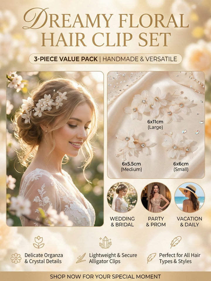 Épingle à cheveux de mariée à fleurs délicates en tulle - Lot de 3