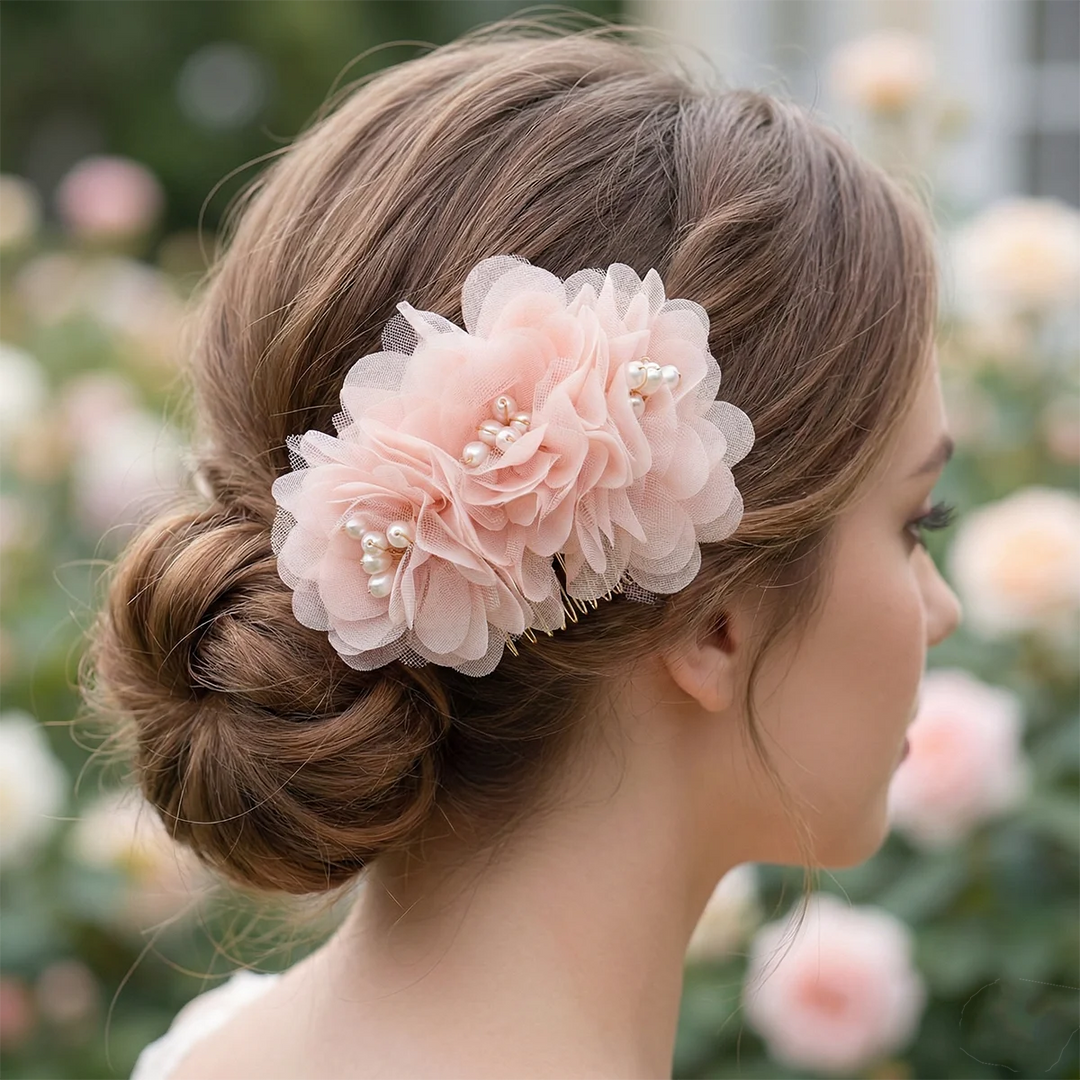 Peigne à Cheveux Fleurs en Tulle, Rose