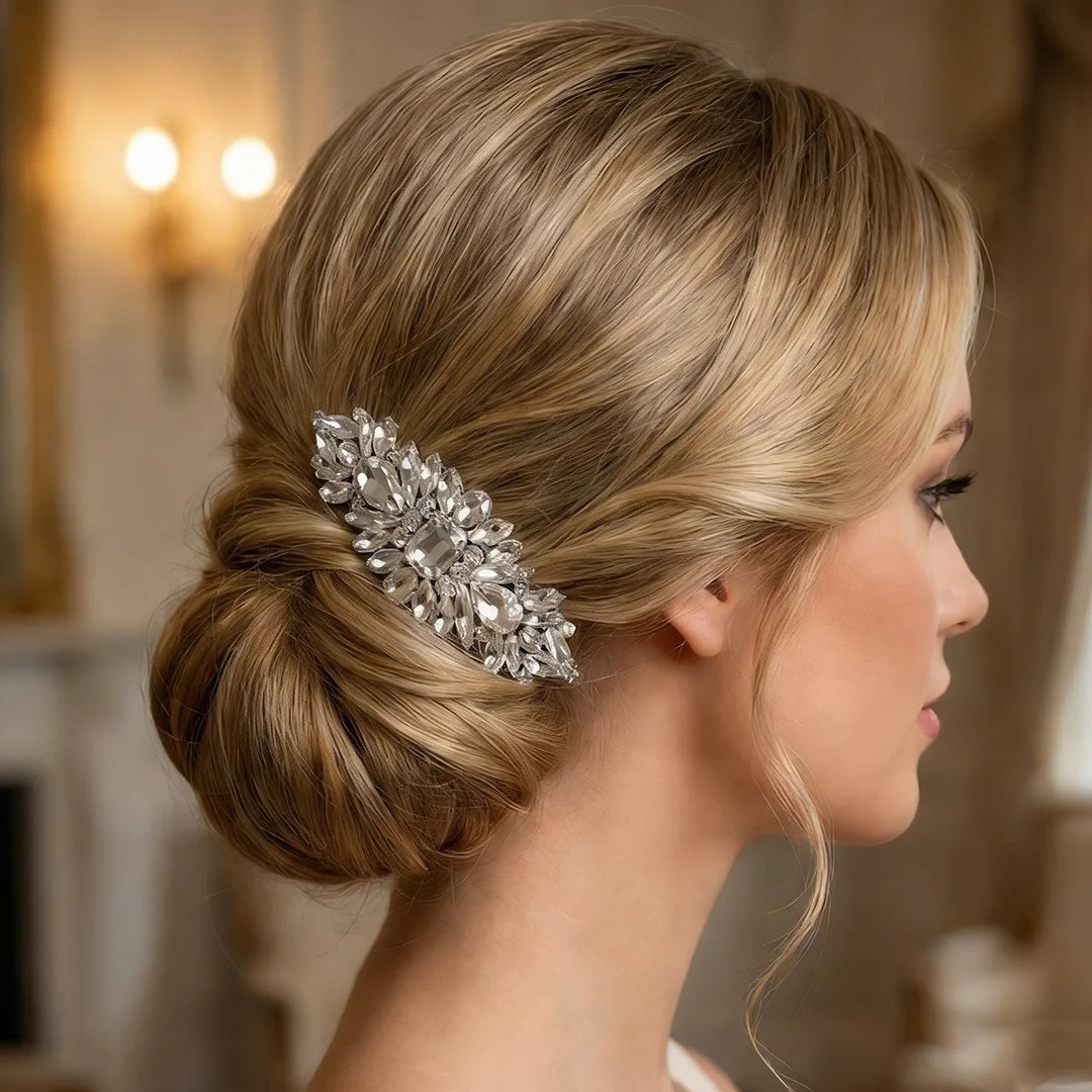 Peigne à cheveux argenté à cristaux pour chignon