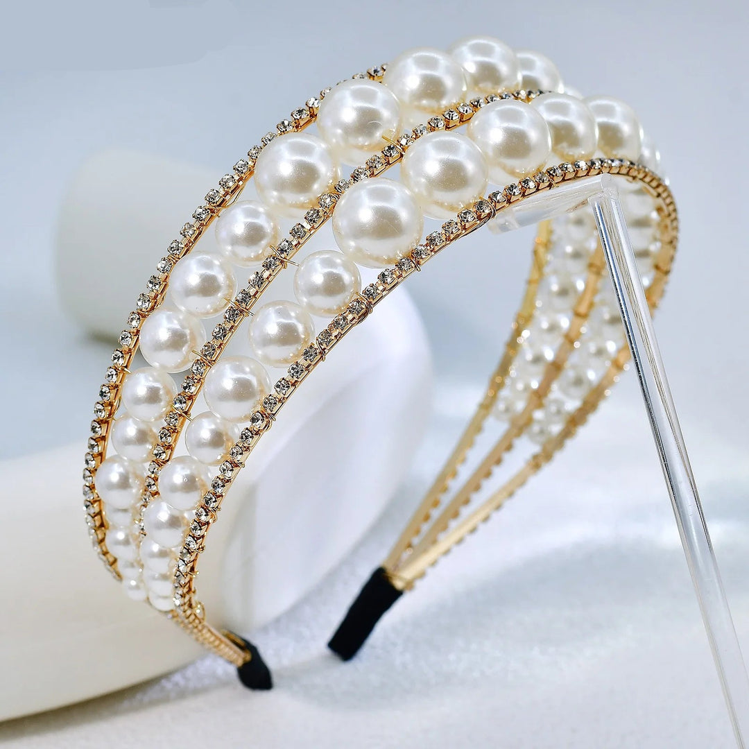 Serre-tête de mariage doré avec perles et strass élégant pour femme 