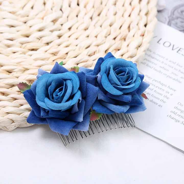 Peigne à Cheveux Fleurs Roses Bleu