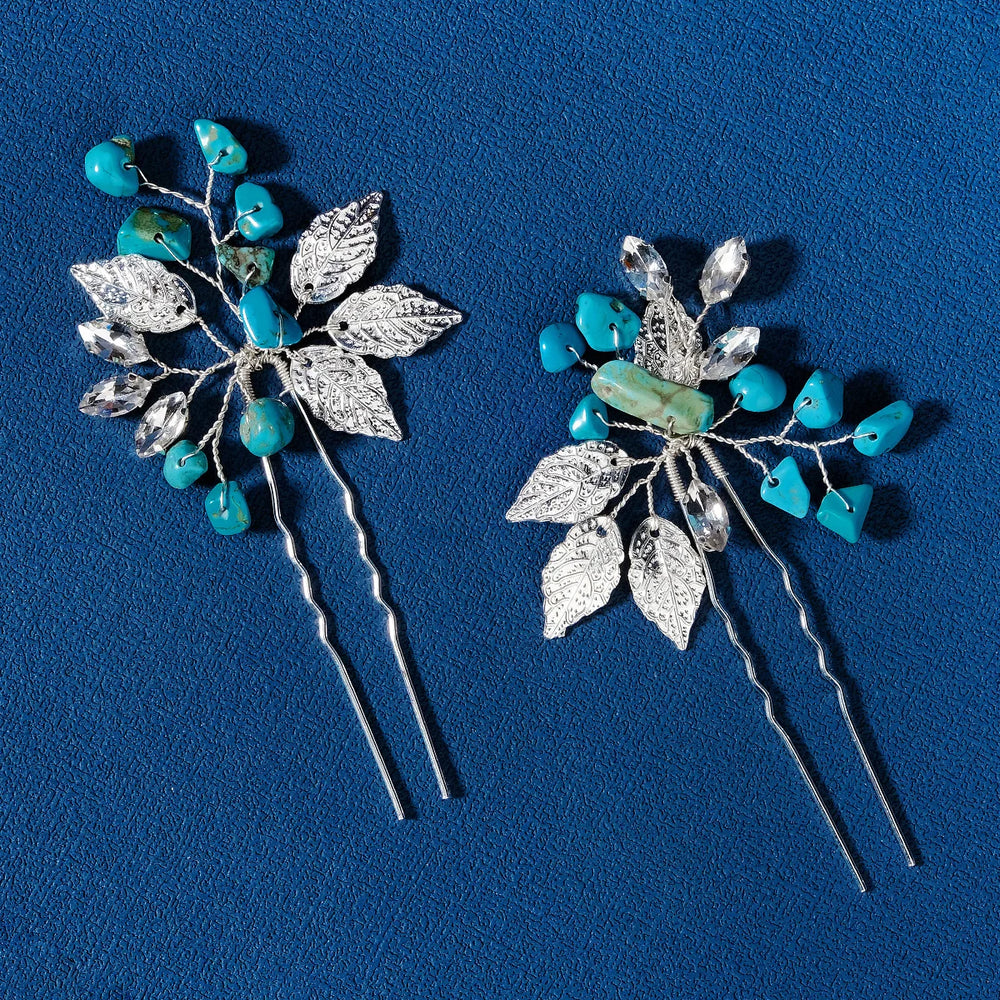 Épingle à cheveux argentée à pierres turquoise - Lot de 2
