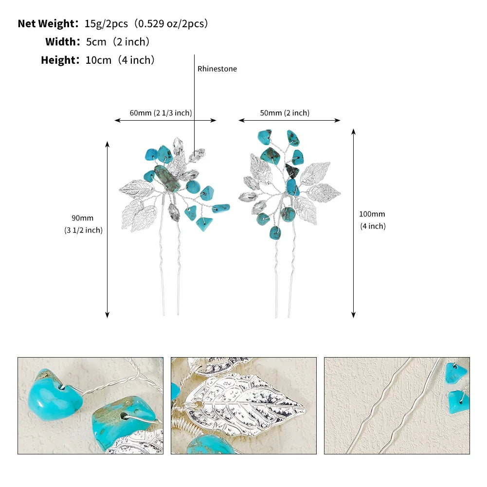 Épingle à cheveux argentée à pierres turquoise - Lot de 2