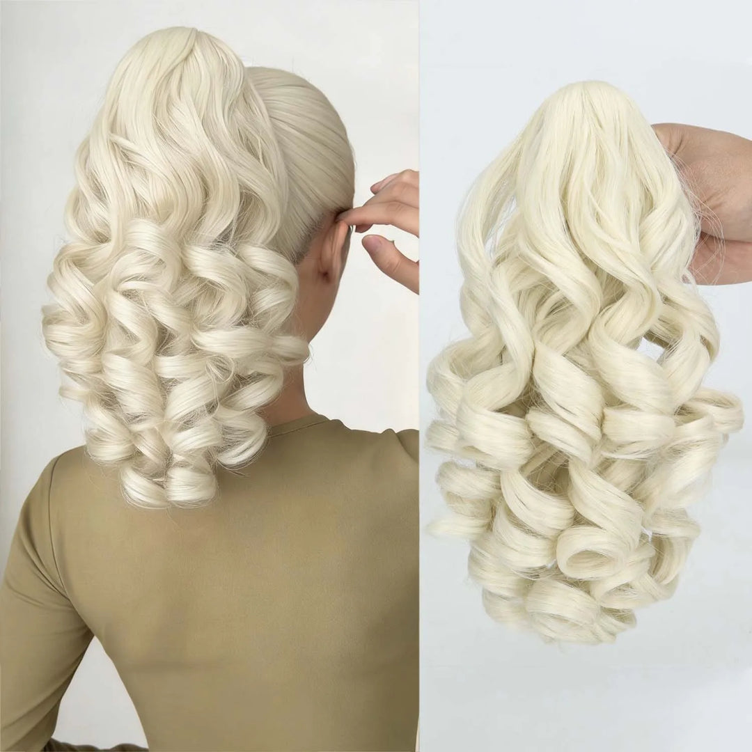 Extension de queue de cheval bouclée avec pince crabe, 35 cm blond polaire