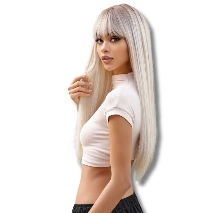 Perruque Longue Blonde Platine avec Frange | Frossia