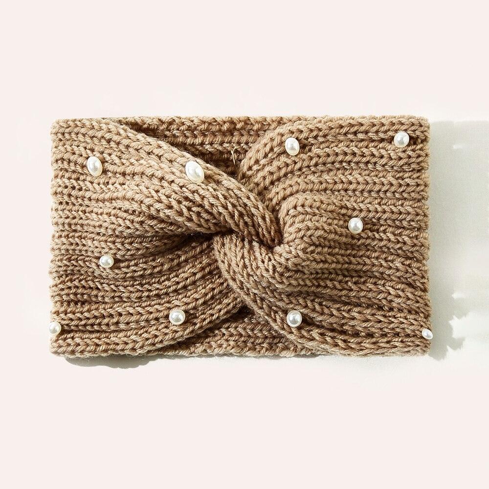 Bandeau Cheveux en laine avec Perles couleur marron