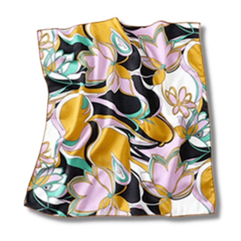 Foulard cheveux en Soie Orange et Noir à Fleurs rose