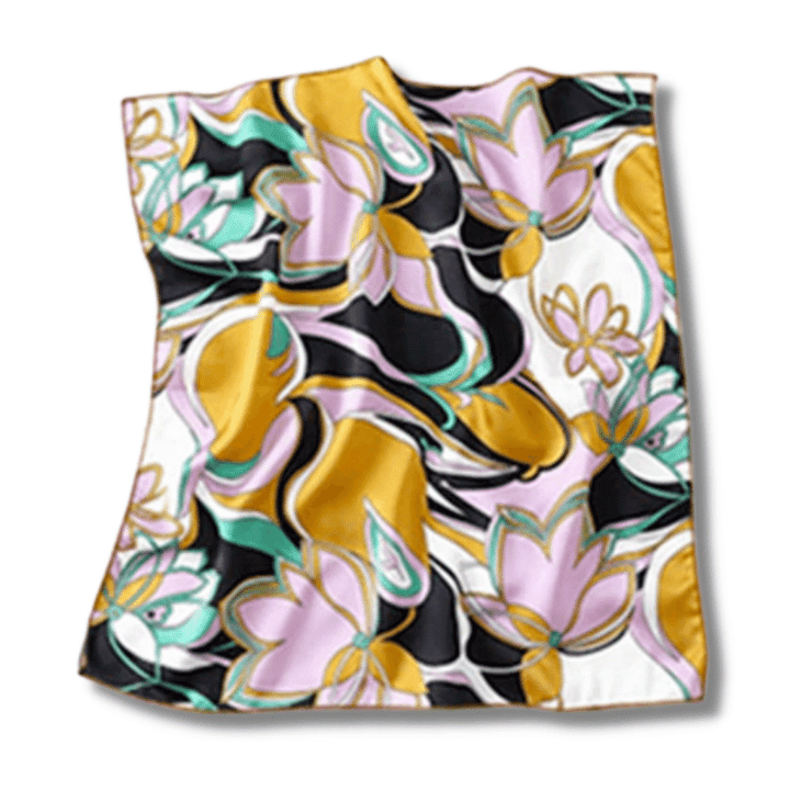 Foulard cheveux en Soie Orange et Noir à Fleurs rose